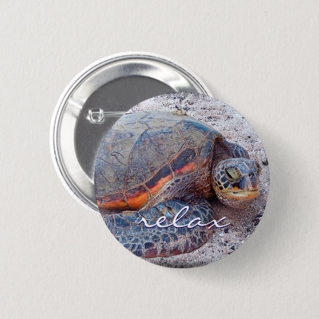 Chapa Redonda De 5 Cm Hawaii Honu Sea Turtle Foto Relax Script Bold (Anverso y reverso)