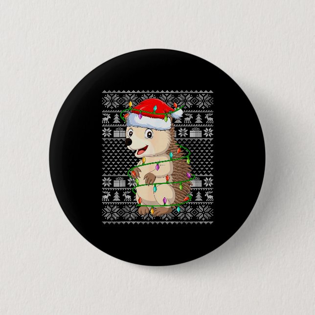 Chapa Redonda De 5 Cm Hedgehog Christmas Lights Ugly Sweater Funny Santa (Anverso)