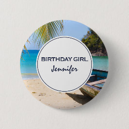 Chapa Redonda De 5 Cm Hermosa playa tropical y Chica de cumpleaños en bo