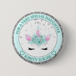 Chapa Redonda De 5 Cm Hija bonita cara de unicornio floral menta y plata