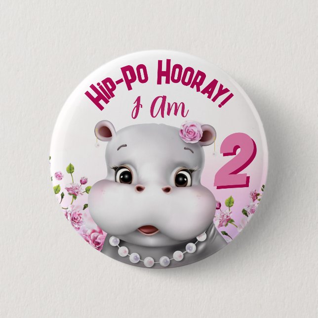 Chapa Redonda De 5 Cm Hippo en Pearls Chica Floral Rosa Cumpleaños (Anverso)