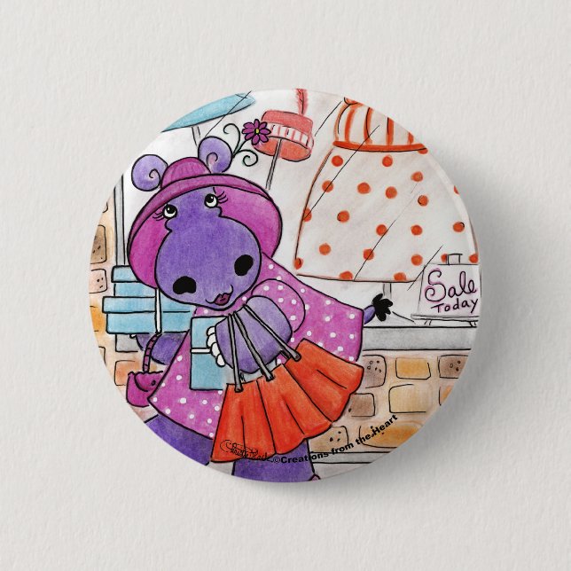 Chapa Redonda De 5 Cm Hippo Shopping-Hippo shop-a-lot amus! (Anverso)