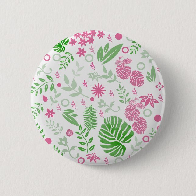 Chapa Redonda De 5 Cm Hojas y flores verdes y rosadas (Anverso)