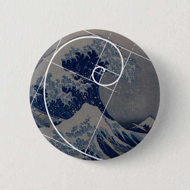 Chapa Redonda De 5 Cm Hokusai resuelve Fibonacci, coeficiente de oro (Anverso)