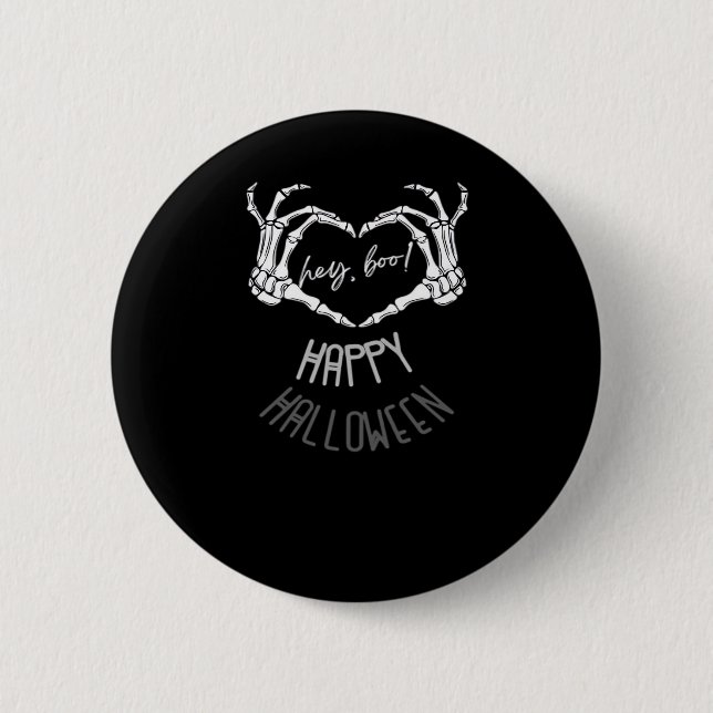 Chapa Redonda De 5 Cm ¡Hola, Boo! Felices Halloween Skeleton Hand Heart  (Anverso)