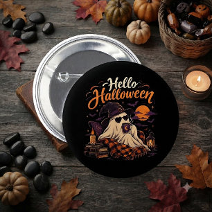 Chapa Redonda De 5 Cm Hola Halloween Fantasma Lindo Bebiendo Café 