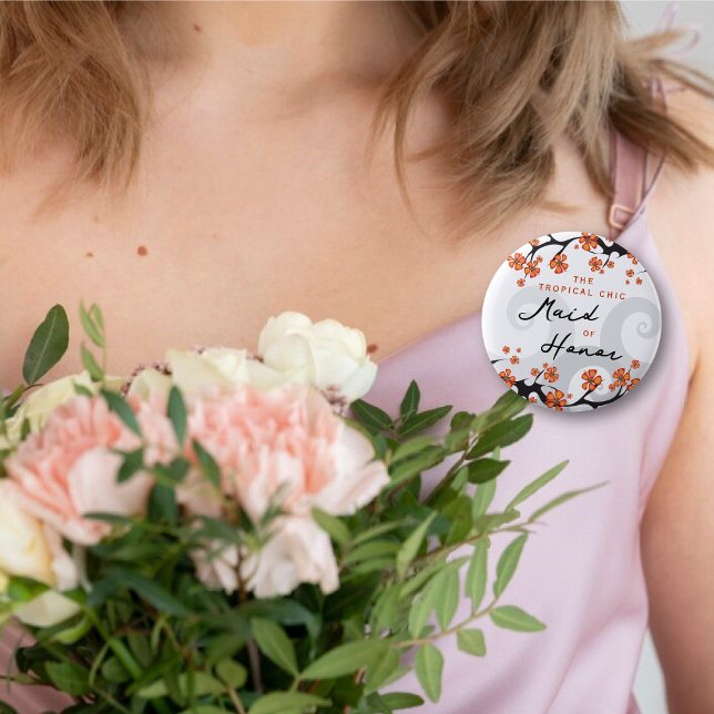 Chapa Redonda De 5 Cm HONOR Flowers Tropical Flowers Boda Moda (MAID OF HONOR Hibiscus Fusion / Tropical Flowers Swirls Chic Wedding Pinback Button @ fat_fa_tin)