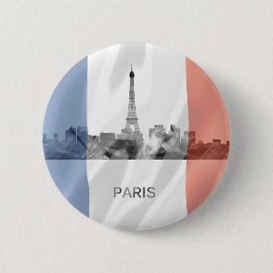 Chapa Redonda De 5 Cm Horizonte de París, Francia con la bandera