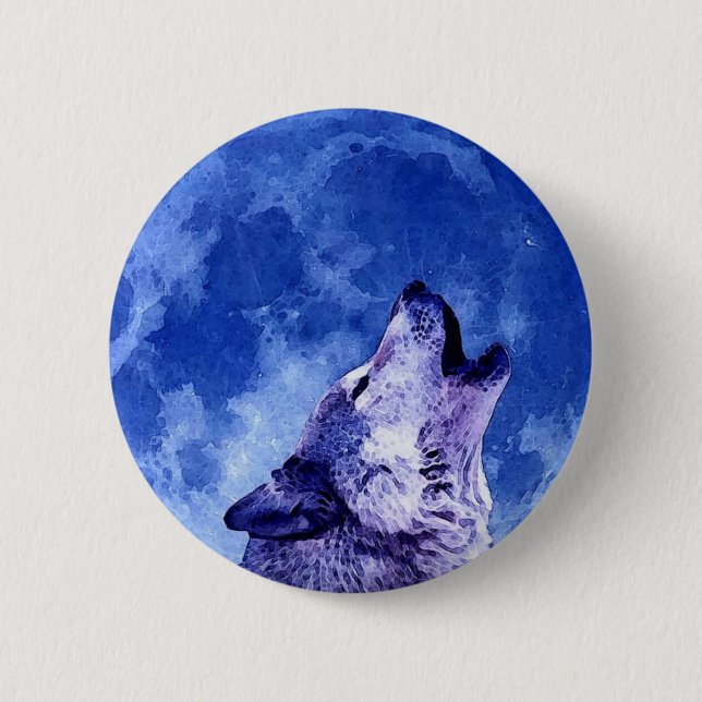 Chapa Redonda De 5 Cm Howling Wolf en la luna (Anverso)