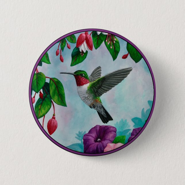 Chapa Redonda De 5 Cm Hummingbird Flying in Flower Garden (Anverso)