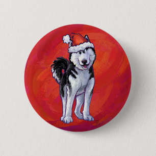Chapa Redonda De 5 Cm Husky en Santa Hat en rojo