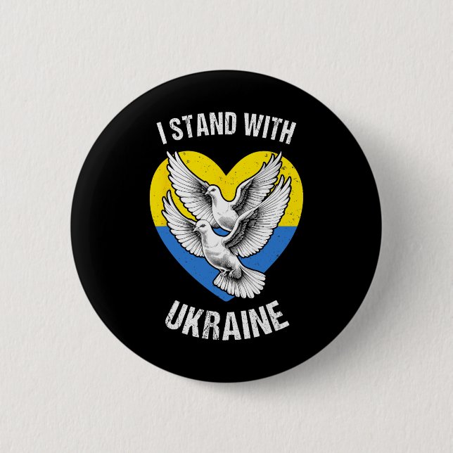 Chapa Redonda De 5 Cm I Stand With Ukraine Ukrainian Flag Heart Doves Pe (Anverso)