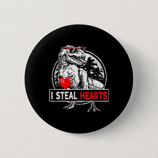 Chapa Redonda De 5 Cm I Steal Hearts Valentines Day Dinosaur Boys Valent (Anverso)