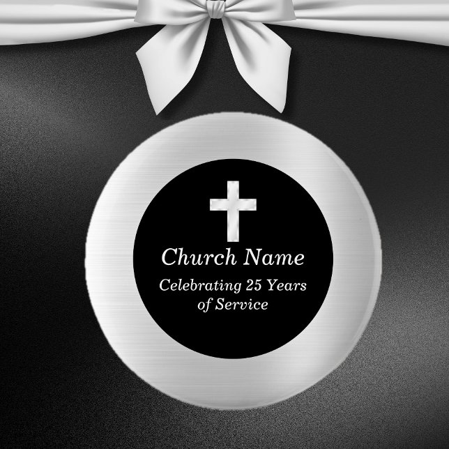 Chapa Redonda De 5 Cm Iglesia 25 Aniversario Negro y Plata Keepsake (Church 25th Anniversary Black and Silver Keepsake Button)