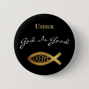 Chapa Redonda De 5 Cm Iglesia cristiana Usher Dios es negro moderno