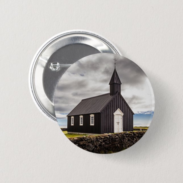 Chapa Redonda De 5 Cm Iglesia Negra De Budir, Islandia (Anverso y reverso)