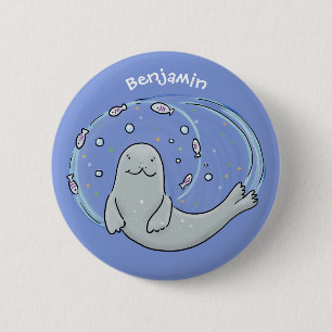 Chapa Redonda De 5 Cm Ilustracion de foca feliz y personalizado azul de 