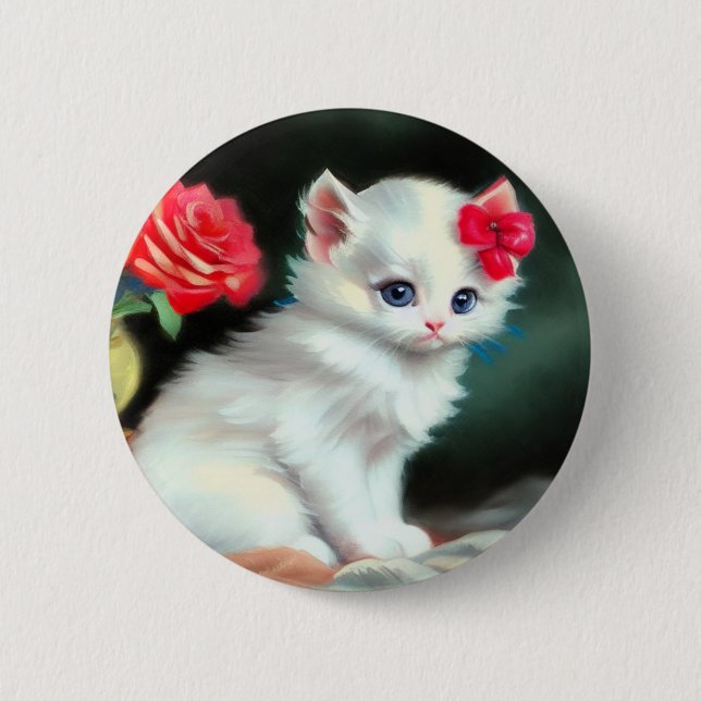 Chapa Redonda De 5 Cm Ilustracion de gatito blanco con flores rojas (Anverso)