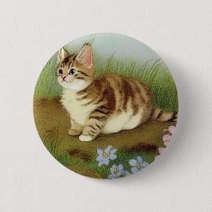 Chapa Redonda De 5 Cm Ilustracion de gatito vintage con flores