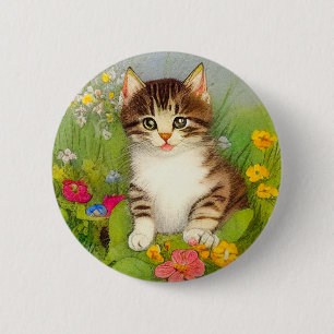 Chapa Redonda De 5 Cm Ilustracion de gato sonriente vintage