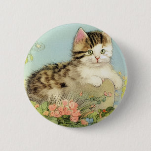 Chapa Redonda De 5 Cm Ilustracion de gato vintage con flores rosas