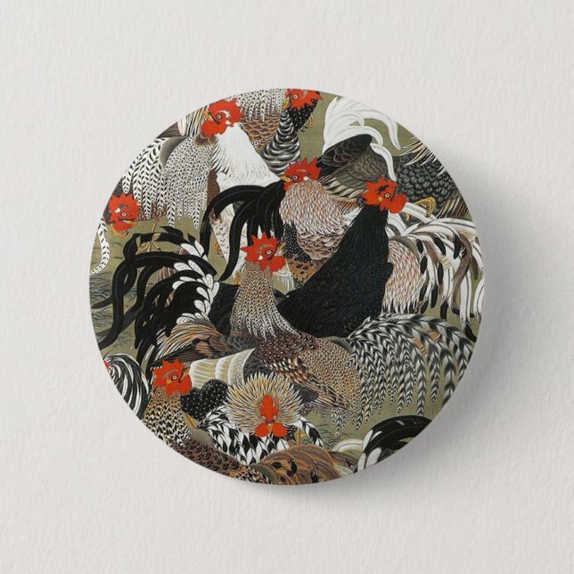 Chapa Redonda De 5 Cm Ilustracion de Roosters Hen de Ito Jakuchu (Anverso)