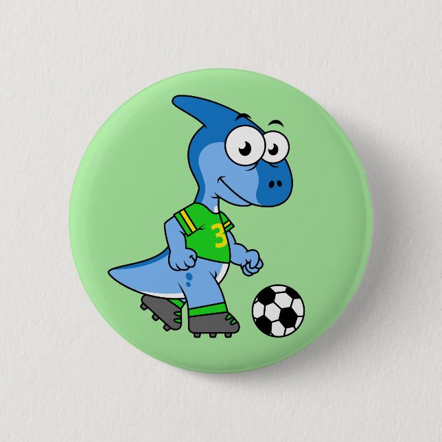 Chapa Redonda De 5 Cm Ilustracion De Un Parasaurolophus Jugando Fútbol. (Anverso)