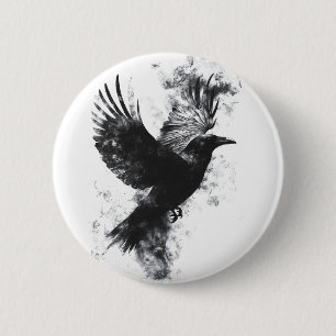 Chapa Redonda De 5 Cm Ilustración Gótica de Cuervo: Humo y Plumas