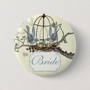 Chapa Redonda De 5 Cm Insignias de boda de pájaros de amor azul vintage