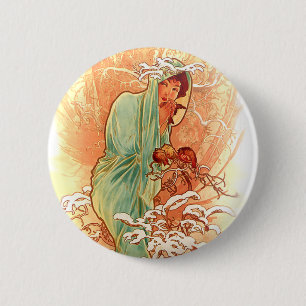 Chapa Redonda De 5 Cm Invierno - Alphonse Mucha Art Nouveau