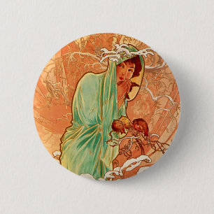 Chapa Redonda De 5 Cm Invierno Art Nouveau de Alphonse Mucha