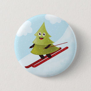 Chapa Redonda De 5 Cm Invierno feliz de esquí del árbol de pino