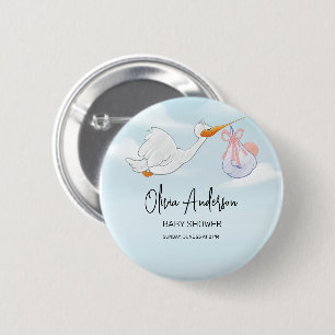 Chapa Redonda De 5 Cm Invitación de Baby Shower Boho Cigüeña Niño Azul