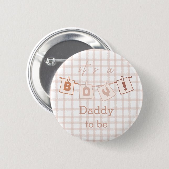 Chapa Redonda De 5 Cm It's a Boy! Cute Gingham Notedry Daddy-to-be (Anverso y reverso)