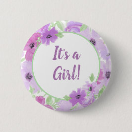 Chapa Redonda De 5 Cm It's a Girl! Watercolor Floral Baby Shower