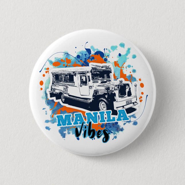 Chapa Redonda De 5 Cm Jeepney Manila Vibes Blue Naranja (Anverso)