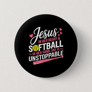 Chapa Redonda De 5 Cm Jesús En Su Corazón Y Softball En Su Mano Softba