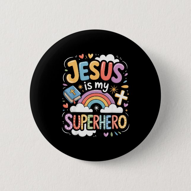 Chapa Redonda De 5 Cm Jesus Is My Superhero  (Anverso)