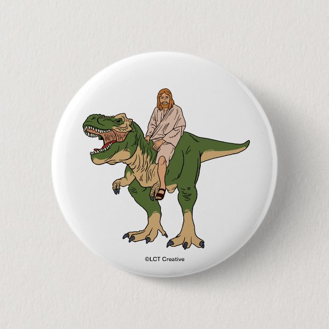 Chapa Redonda De 5 Cm Jesus Riding T-Rex (Anverso)