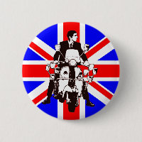 Jinete de la vespa con el fondo de Union Jack