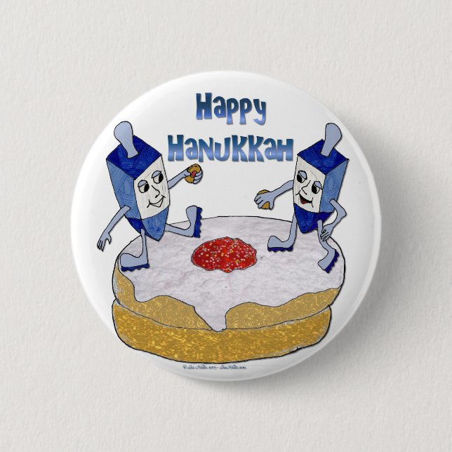 Chapa Redonda De 5 Cm Judaica Happy Hanukkah Dancing Dreidels Doughnut (Anverso)