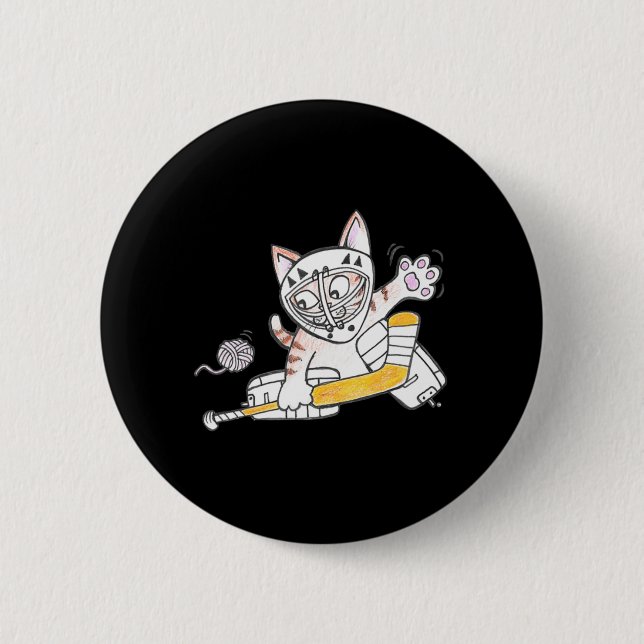 Chapa Redonda De 5 Cm Jugando Hockey de Gato Cute GOALIE Kitten (Anverso)
