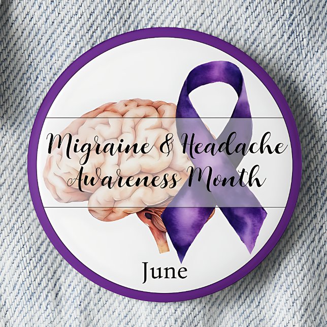 Chapa Redonda De 5 Cm Junio: Mes de Concienciación sobre Migraña y Dolor (Migraine & Headache Awareness Month.  June. Purple awareness ribbon.)