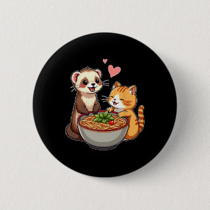 Chapa Redonda De 5 Cm Kawaii Ferret Y El Gato Comen Ramen Japonés Agrada