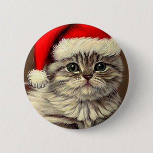 Chapa Redonda De 5 Cm Kitty de Navidad vintage con sombrero Santa