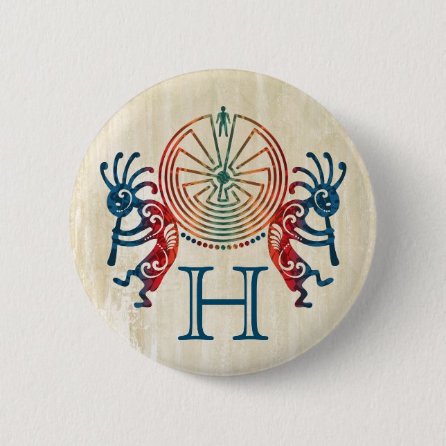 Chapa Redonda De 5 Cm KOKOPELLI / MAN IN THE MAZE + su monograma (Anverso)