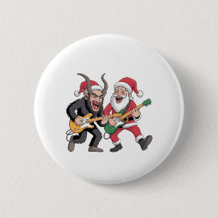 Chapa Redonda De 5 Cm Krampus y Santa tocando guitarra eléctrica Navidad