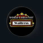 Chapa Redonda De 5 Cm La camarera más grande del mundo<br><div class="desc">El camisetas, la ropa y los regalos más grandes de la camarera del mundo son regalos ideales del reconocimiento del trabajo del empleado además de los regalos para todas las ocasiones. Este diseño único de la carpa muestra el empleo y la profesión rodeados por las luces de neón y las...</div>