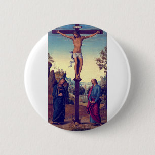 Chapa Redonda De 5 Cm La Crucifixión con la Virgen de Pietro Perugino