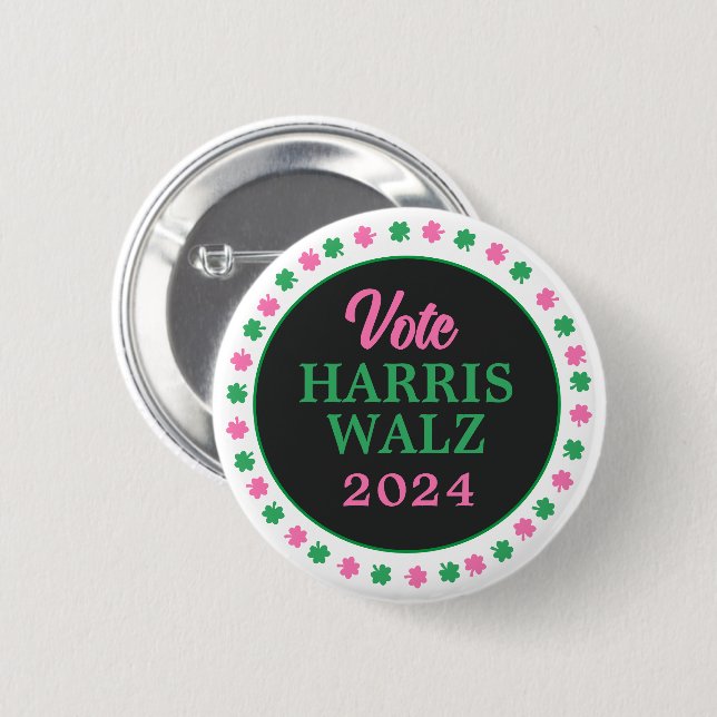 Chapa Redonda De 5 Cm Lanza verde rosa 2024 Vote Harris Walz (Anverso y reverso)